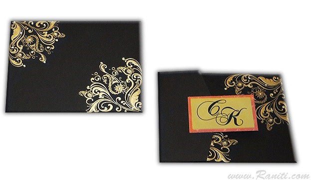 Trifold His and Her Black and Gold Custom Invitation Card, Bride & Groom Invitation Card Set AM-648  Raniti LLC - Custom Invitations & Stationery