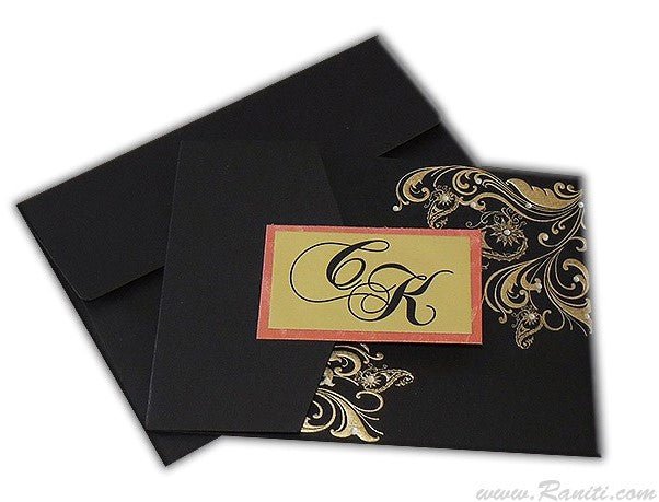 Trifold His and Her Black and Gold Custom Invitation Card, Bride & Groom Invitation Card Set AM-648  Raniti LLC - Custom Invitations & Stationery