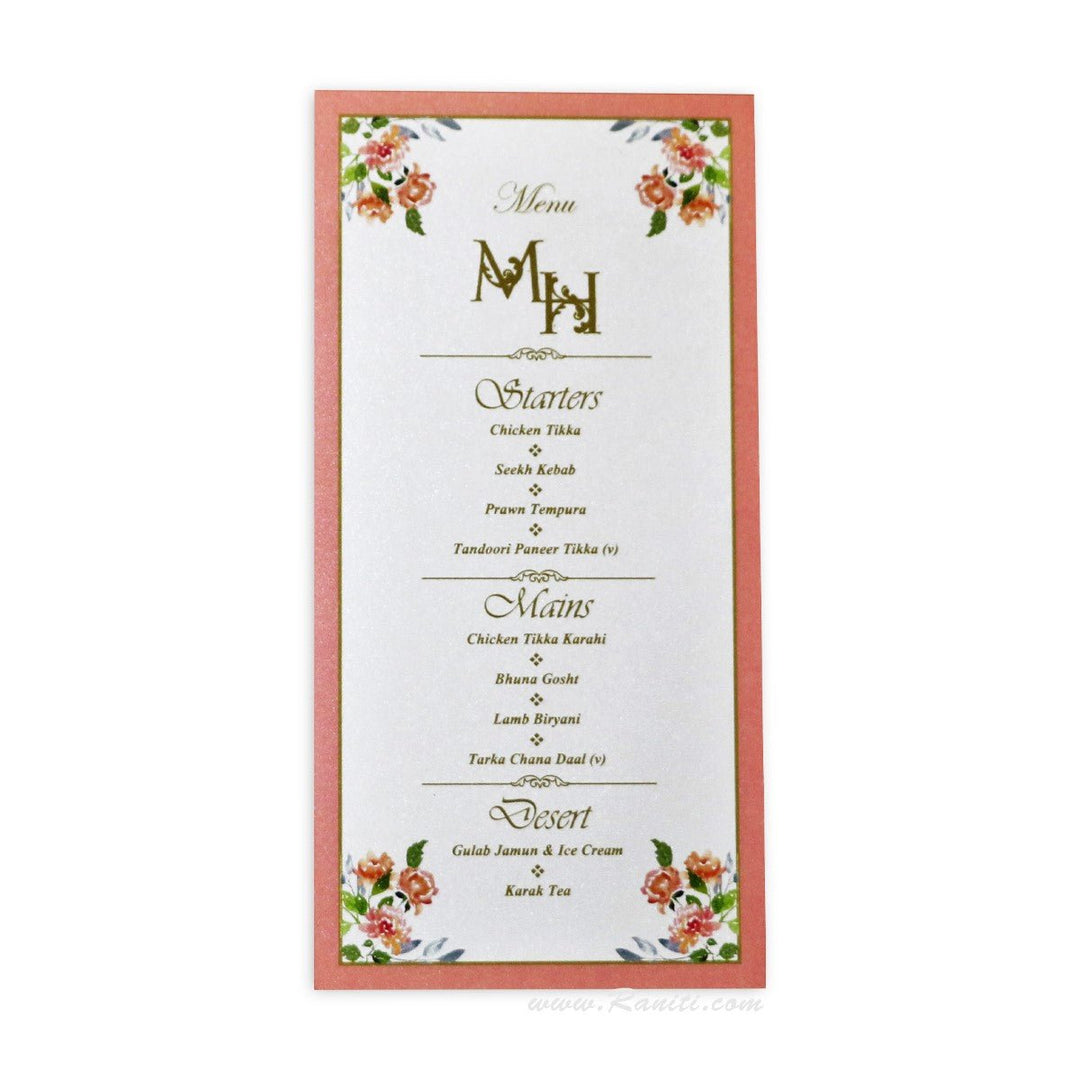 Floral Design Custom Menu Card | Vintage Theme Wedding Reception Menu | Bridal Shower Menu Card AMMC-23  Raniti LLC - Custom Invitations & Stationery