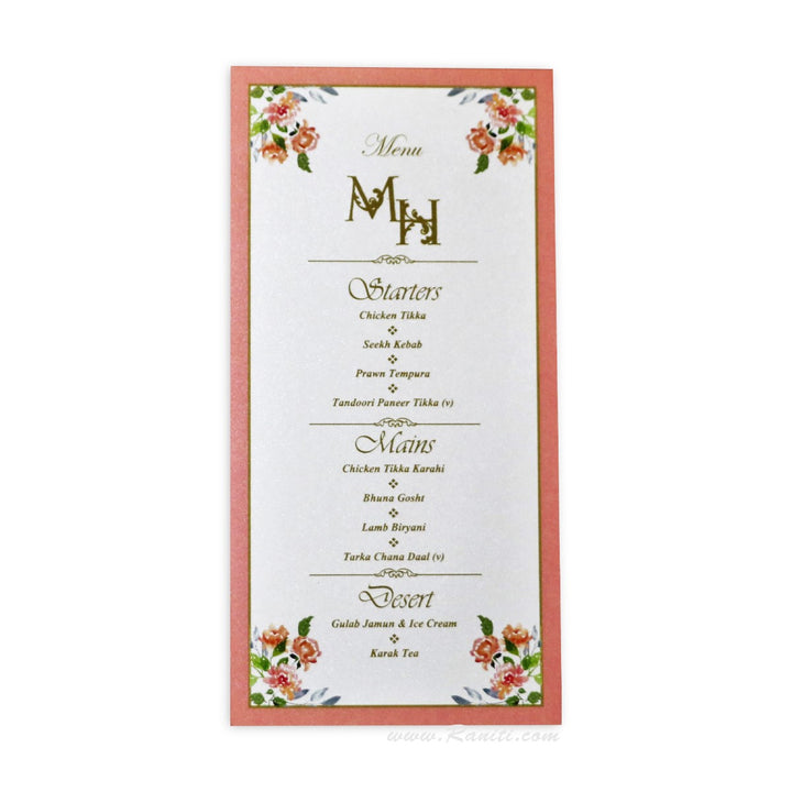 Floral Design Custom Menu Card | Vintage Theme Wedding Reception Menu | Bridal Shower Menu Card AMMC-23  Raniti LLC - Custom Invitations & Stationery