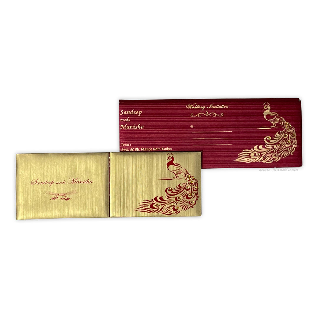 Gatefold Peacock Theme Golden Custom Invitation Card AMH-124 | Raniti LLC - Custom Invitations & Stationery | best indian wedding cards