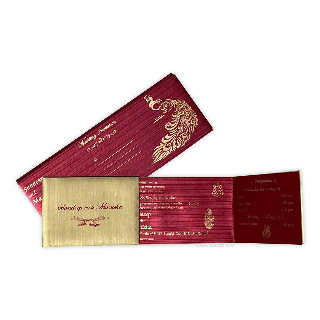 Gatefold Peacock Theme Golden Custom Invitation Card AMH-124 | Raniti LLC - Custom Invitations & Stationery | golden wedding invitation cards | indian invitation cards in london