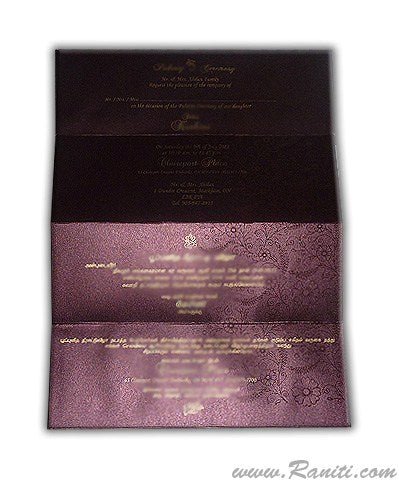 Trifold Hardcover Purple Paper Custom Invitation Card with Multiple Inserts and Rhinestones AMH-13  Raniti LLC - Custom Invitations & Stationery