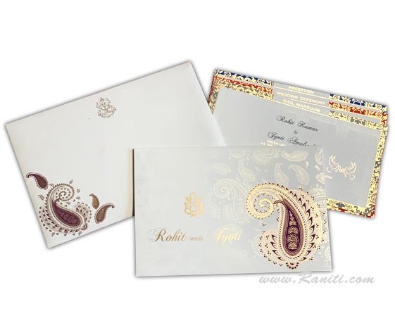 Paisley Theme White Classic His & Her Series Custom Invitation Card with Cascading Inserts AMH-168 Deluxe Raniti LLC - Custom Invitations & Stationery