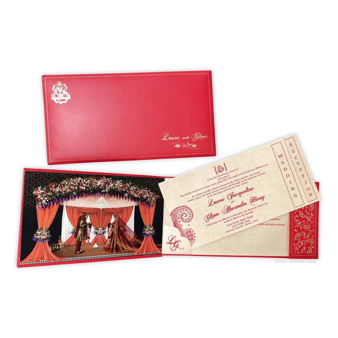 Red Traditional Hard Cover Gatefold Custom Invitation Card with Multiple Inserts AMH-44  Raniti LLC - Custom Invitations & Stationery