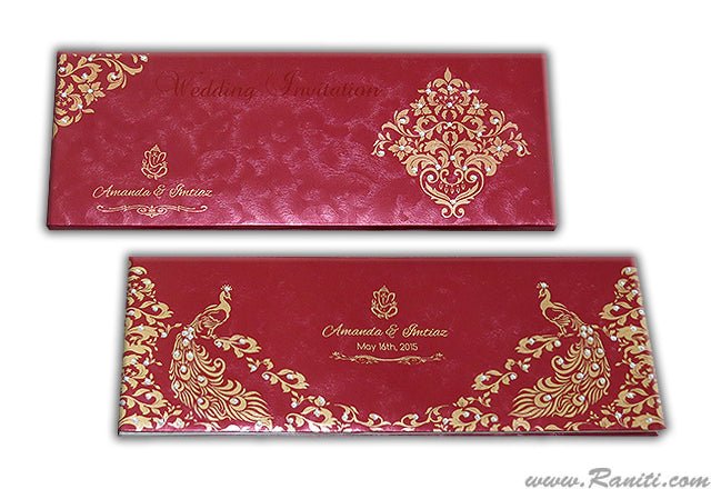 Red Trifold Hardcover Custom Invitation Card with Multiple Inserts and Rhinestones | Peacock theme Wedding Invitation card AMH-54  Raniti LLC - Custom Invitations & Stationery