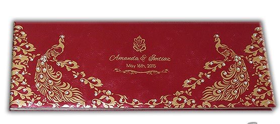 Red Trifold Hardcover Custom Invitation Card with Multiple Inserts and Rhinestones | Peacock theme Wedding Invitation card AMH-54  Raniti LLC - Custom Invitations & Stationery