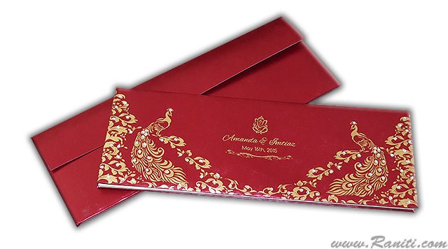 Red Trifold Hardcover Custom Invitation Card with Multiple Inserts and Rhinestones | Peacock theme Wedding Invitation card AMH-54  Raniti LLC - Custom Invitations & Stationery