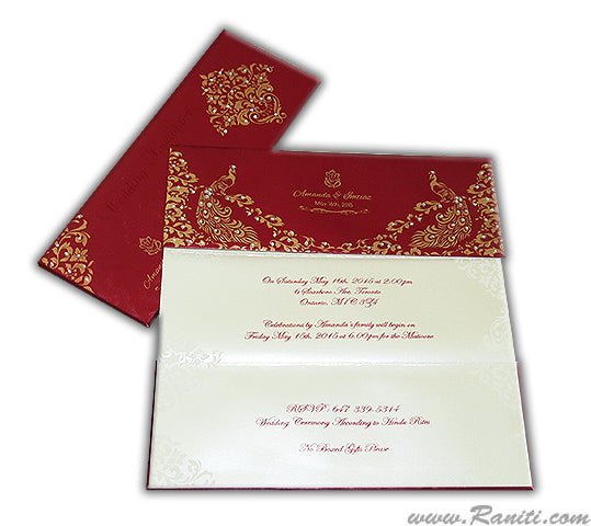 Red Trifold Hardcover Custom Invitation Card with Multiple Inserts and Rhinestones | Peacock theme Wedding Invitation card AMH-54  Raniti LLC - Custom Invitations & Stationery