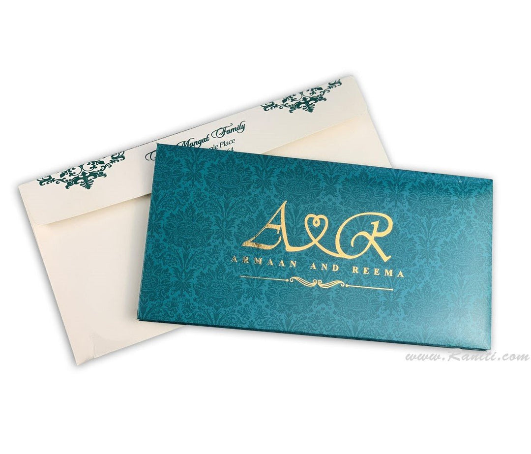 Teal White Classic Custom Hard Cover Invitation Card with Damask and Foil Print Monogram His & Her Collection AMH-8  Raniti LLC - Custom Invitations & Stationery