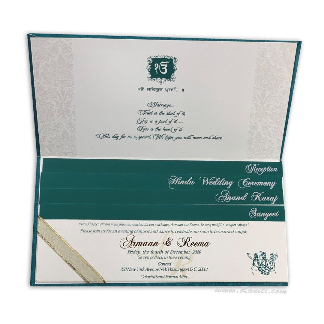 Teal White Classic Custom Hard Cover Invitation Card with Damask and Foil Print Monogram His & Her Collection AMH-8  Raniti LLC - Custom Invitations & Stationery