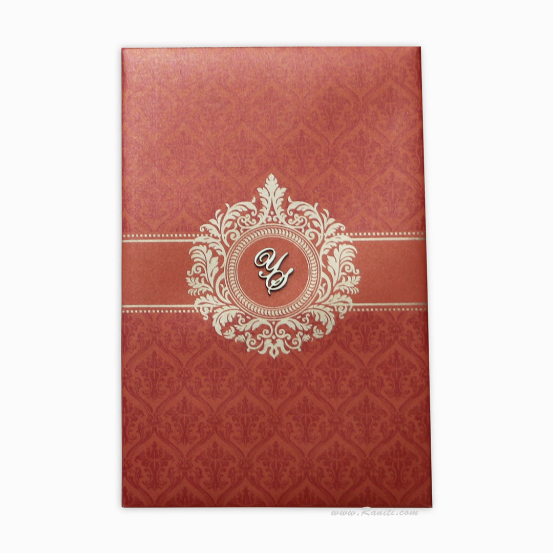 Laser Cut Initials Orange and Gold Portrait Hard Cover Custom Invitation Card AMHL-11  Raniti LLC - Custom Invitations & Stationery