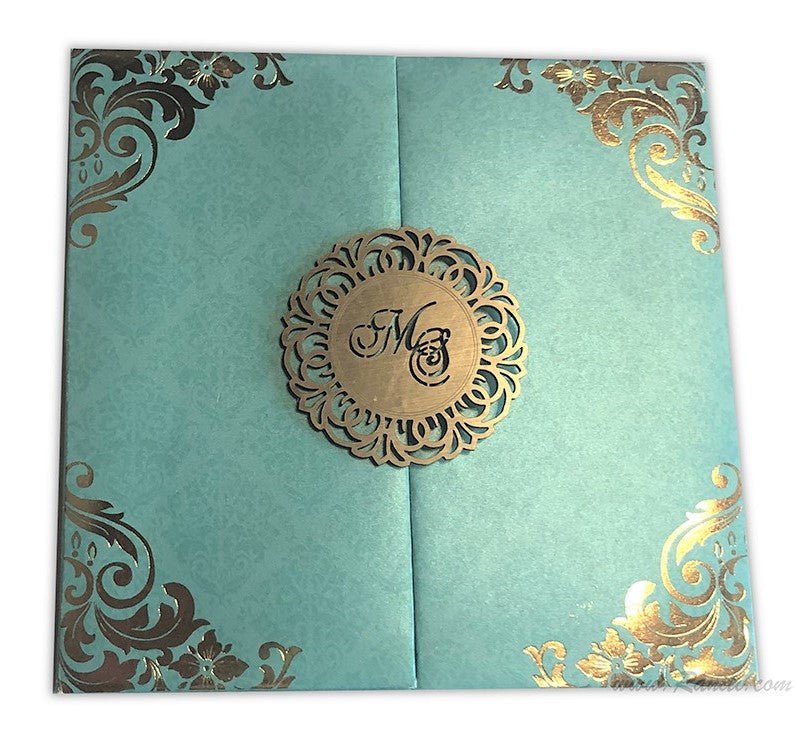 Teal Luxury Gold Foil Laser Cut Custom Invitation Card AMHL-184 | Raniti | Custom Invitations & Stationery | customized wedding cards | customize wedding invitations 