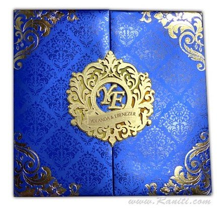 Blue and Gold Laser Cut Custom Luxury Invitation Card AMHL195 | Raniti | Custom Invitations & Stationery | blue invitation card | custom wedding cards