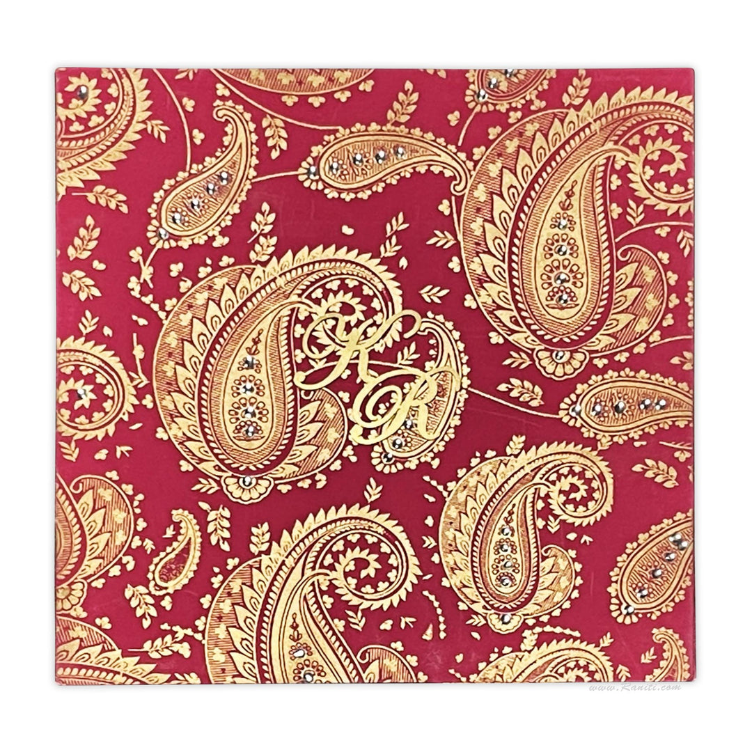 Paisley Theme Lasercut Initials Red and Pearl Square Custom Wedding Invitation Card | Custom Invitation Card with Laser Cut Monogram Initials AML-110  Raniti LLC - Custom Invitations & Stationery