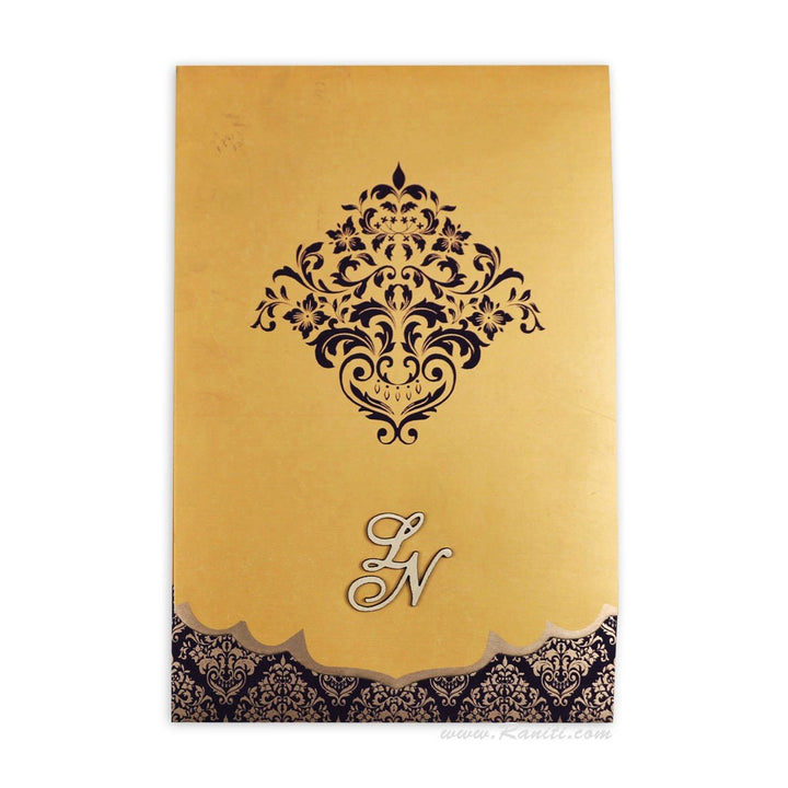 Gold and Purple Two Fold Vertical Custom Invitation Card, Portrait Wedding Invitation Card with Lasercut Initials and Multiple Inserts AML-115  Raniti LLC - Custom Invitations & Stationery