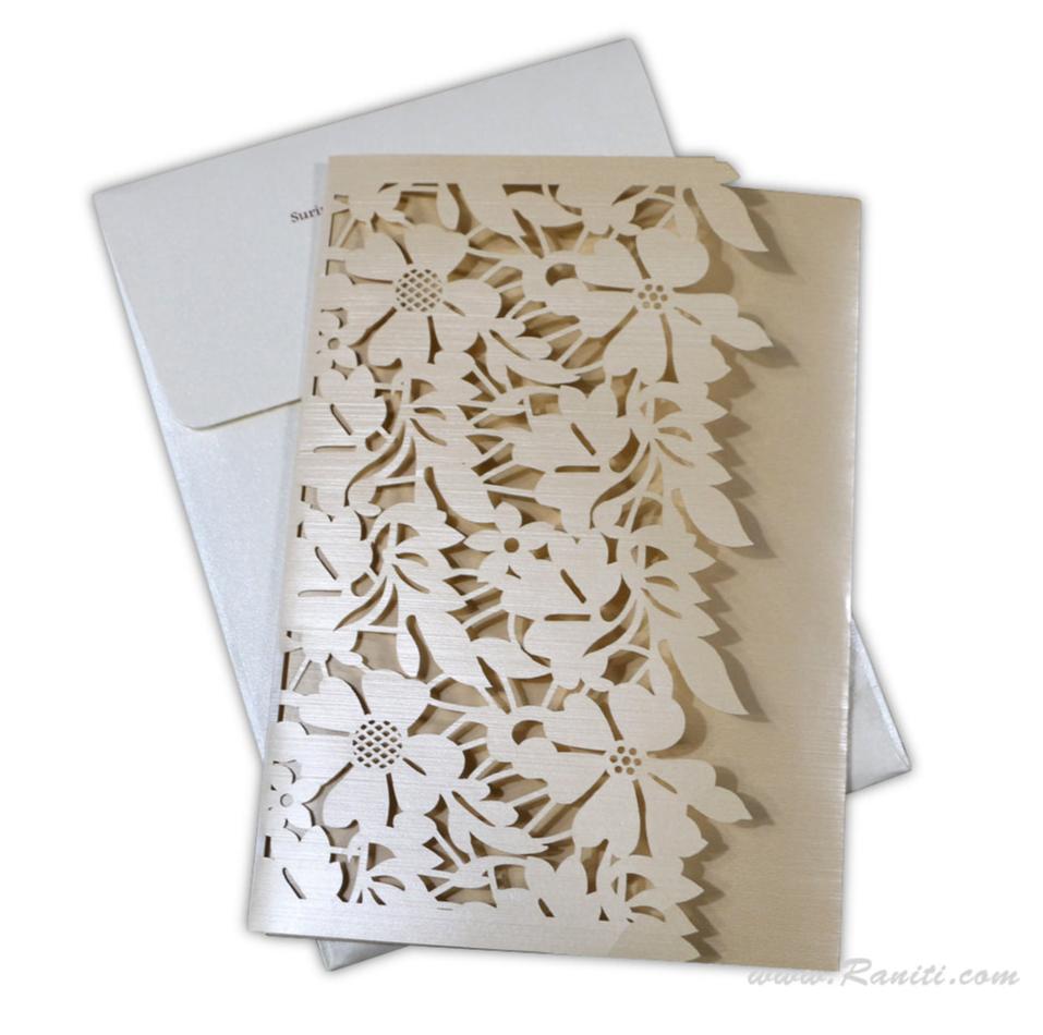 Trifold Laser Cut Light Golden Custom Invitation Card with Floral Digital Inserts AML-239