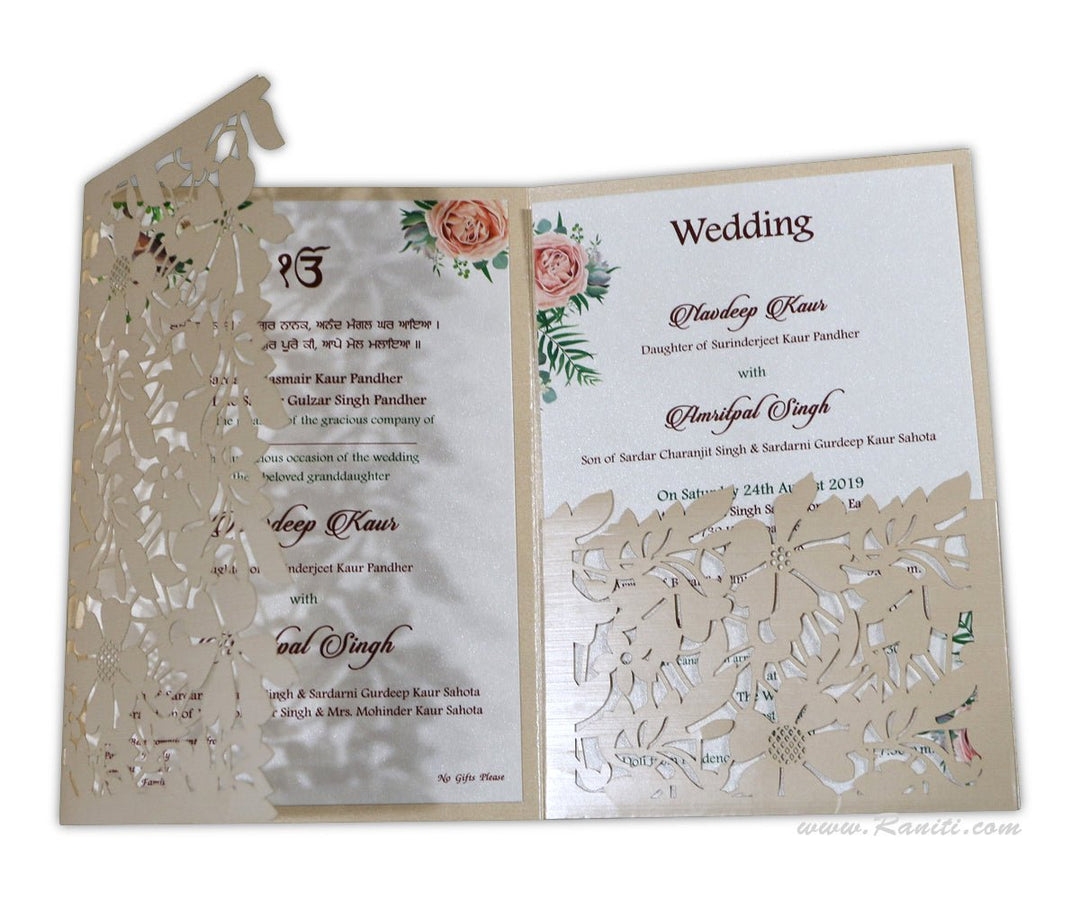 Trifold Laser Cut Light Golden Custom Invitation Card with Floral Digital Inserts AML-239