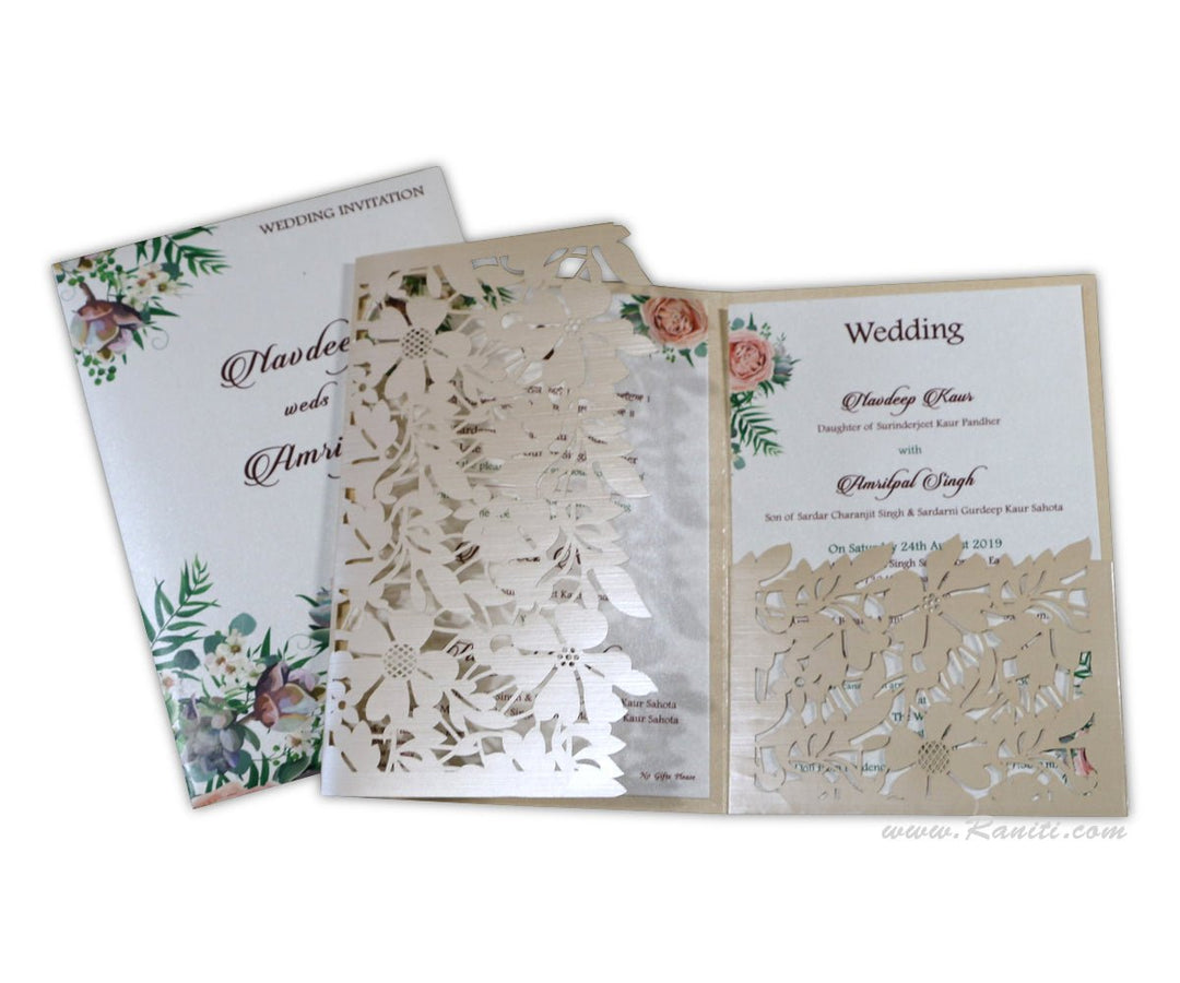 Trifold Laser Cut Light Golden Custom Invitation Card with Floral Digital Inserts AML-239