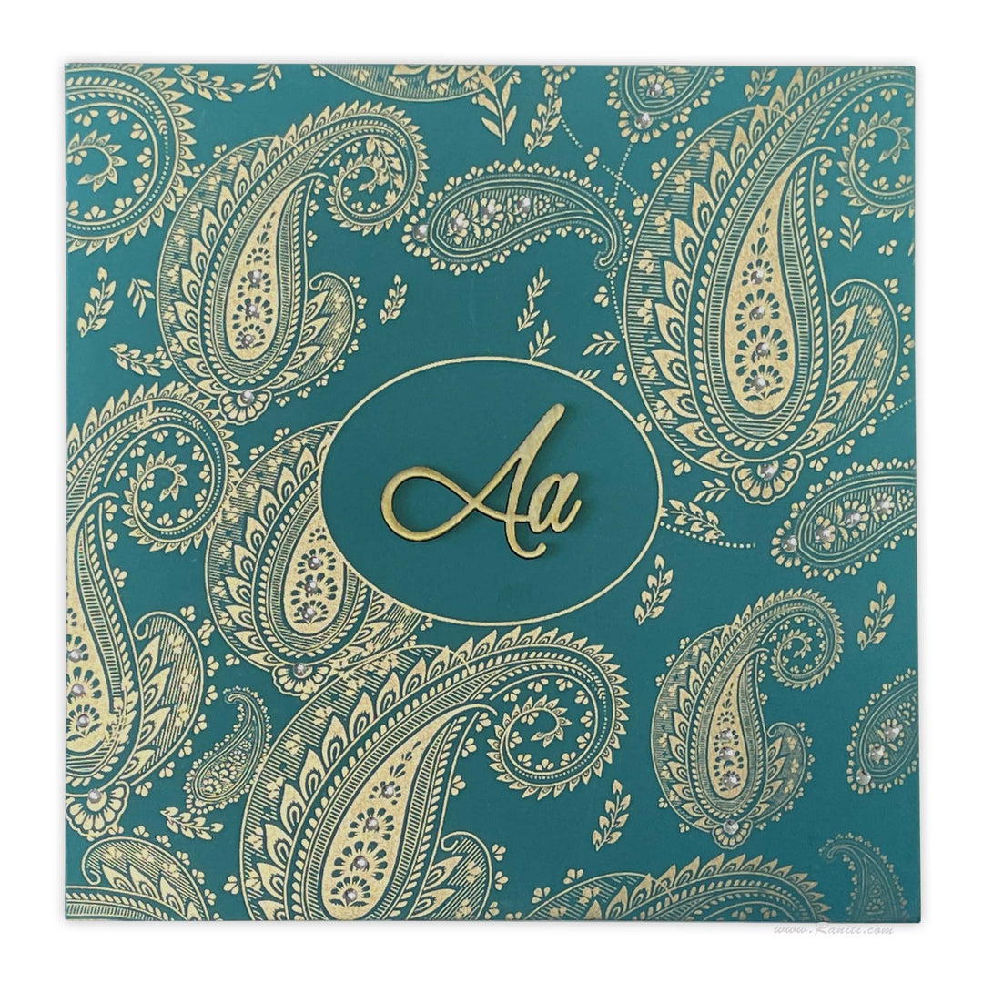 Teal Paisley Theme Lasercut Initials Square Custom Wedding Invitation Card | Custom Invitation Card with Laser Cut Monogram Initials AML-24  Raniti LLC - Custom Invitations & Stationery