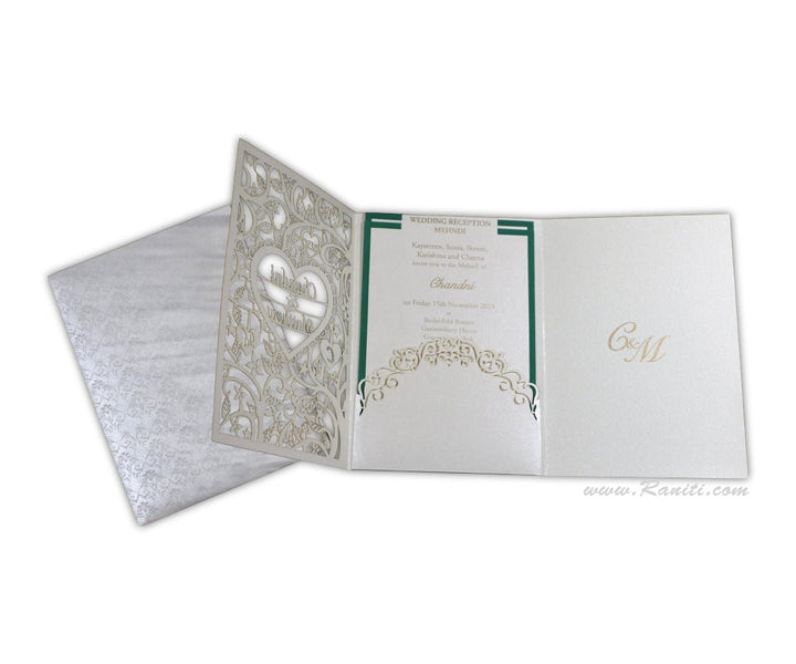 Trifold White Laser Cut Custom Invitation Card with Multiple Inserts | Classic Custom Wedding Invitation Cards Online AML-274