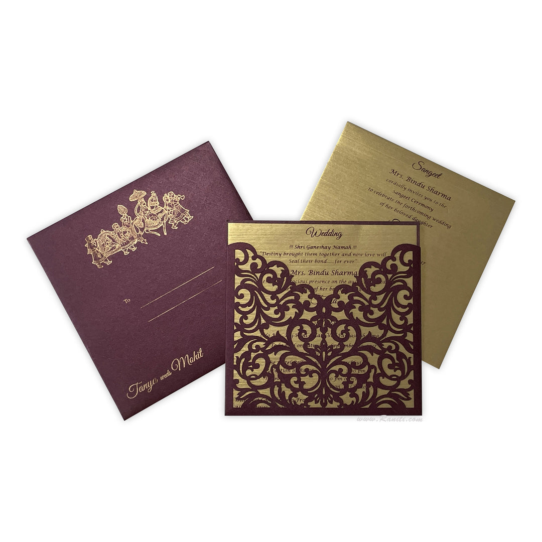 Laser cut Pocket Folder Custom Design Laser Cut Purple, Pink and Golden Custom Invitation Card AML-289  Raniti LLC - Custom Invitations & Stationery