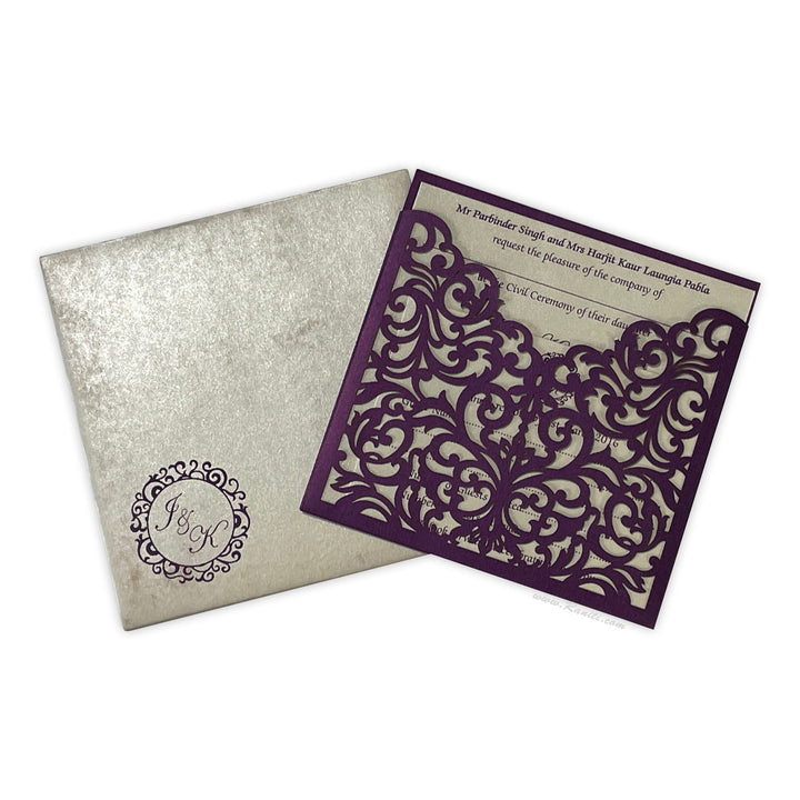 Laser cut Pocket Folder Custom Design Laser Cut Purple, Pink and Golden Custom Invitation Card AML-289  Raniti LLC - Custom Invitations & Stationery