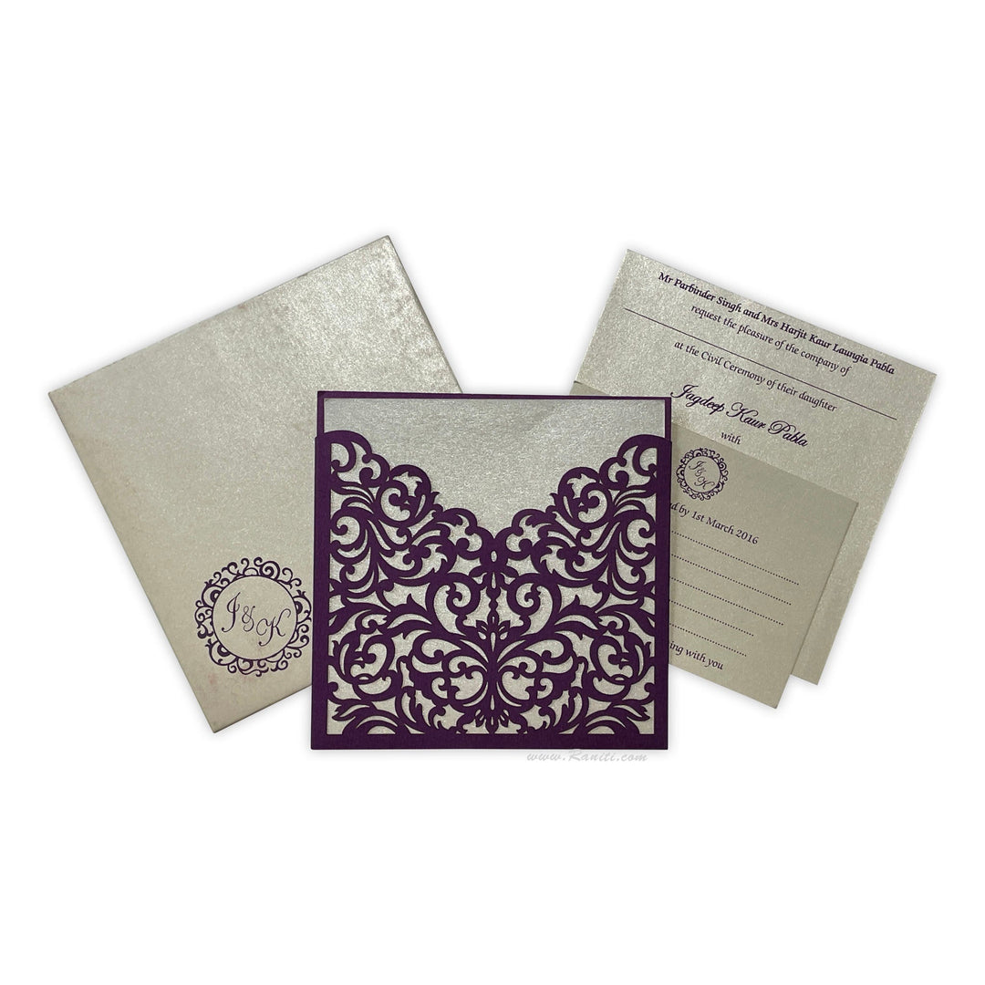 Laser cut Pocket Folder Custom Design Laser Cut Purple, Pink and Golden Custom Invitation Card AML-289  Raniti LLC - Custom Invitations & Stationery