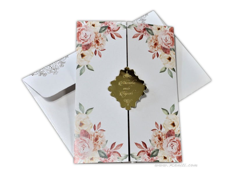 Gatefold Floral Theme Custom Folder Invitation Card with Engraved Names on Mirror Laser cut Monogram AML-321  Raniti LLC - Custom Invitations & Stationery