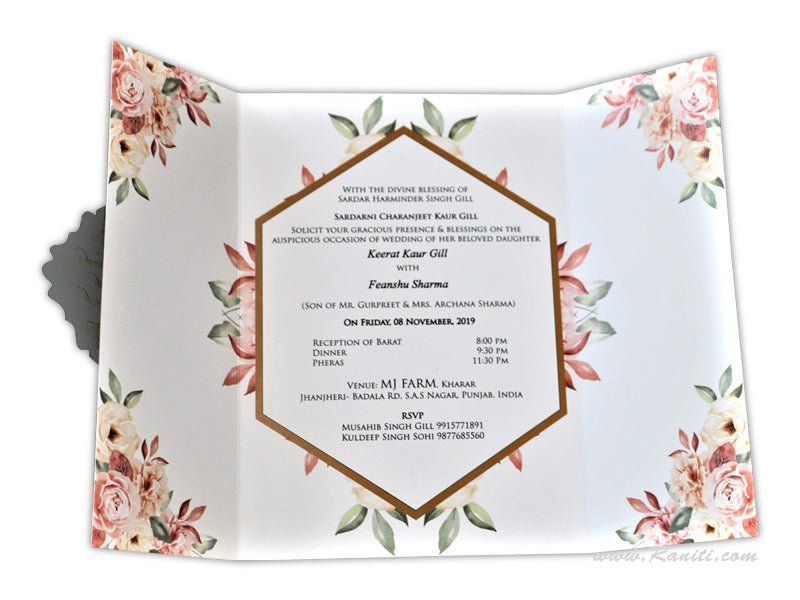 Gatefold Floral Theme Custom Folder Invitation Card with Engraved Names on Mirror Laser cut Monogram AML-321  Raniti LLC - Custom Invitations & Stationery