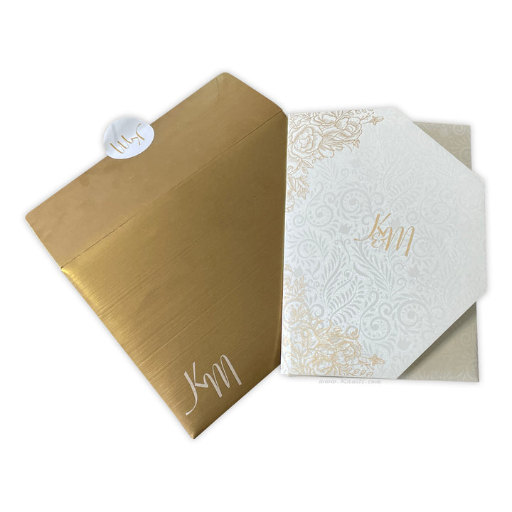 Trifold Pearl White Classic Custom Invitation Card with Clear Acrylic and Paper Inserts, Custom Damask Theme Acrylic Invitation AML-333  Raniti LLC - Custom Invitations & Stationery