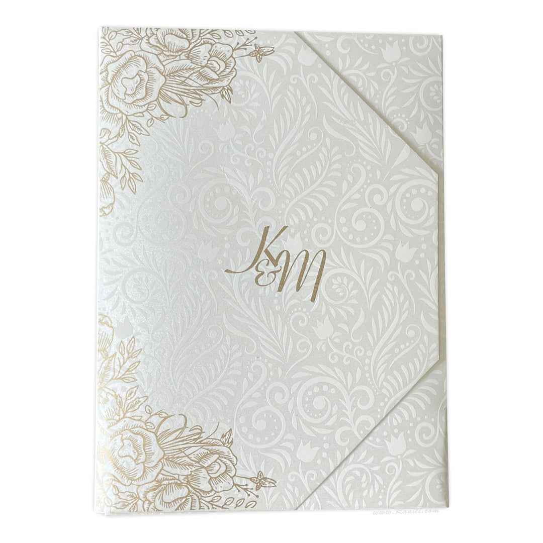 Trifold Pearl White Classic Custom Invitation Card with Clear Acrylic and Paper Inserts, Custom Damask Theme Acrylic Invitation AML-333  Raniti LLC - Custom Invitations & Stationery