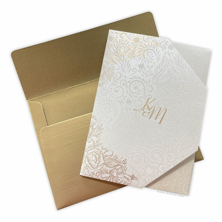 Trifold Pearl White Classic Custom Invitation Card with Clear Acrylic and Paper Inserts, Custom Damask Theme Acrylic Invitation AML-333  Raniti LLC - Custom Invitations & Stationery