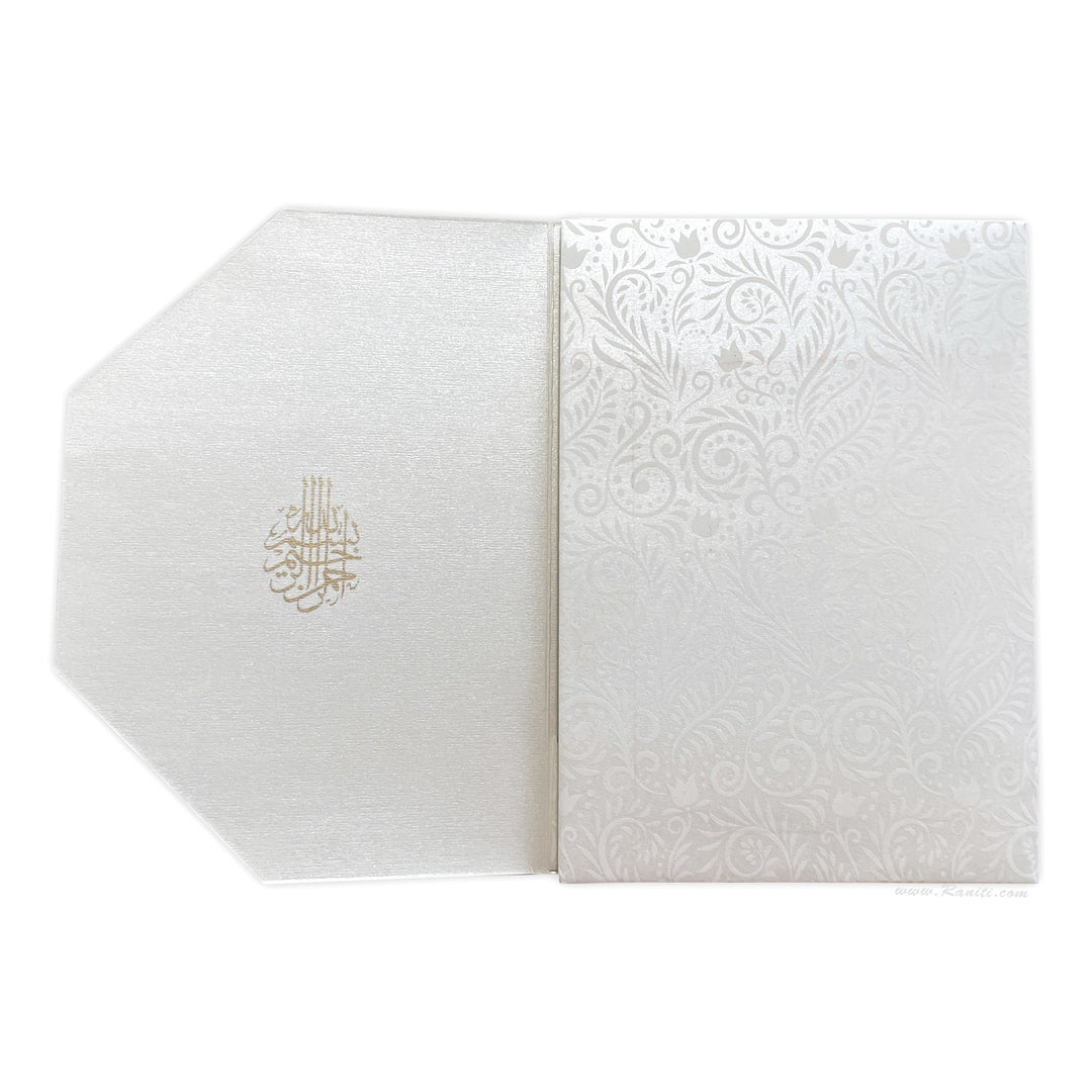 Trifold Pearl White Classic Custom Invitation Card with Clear Acrylic and Paper Inserts, Custom Damask Theme Acrylic Invitation AML-333  Raniti LLC - Custom Invitations & Stationery