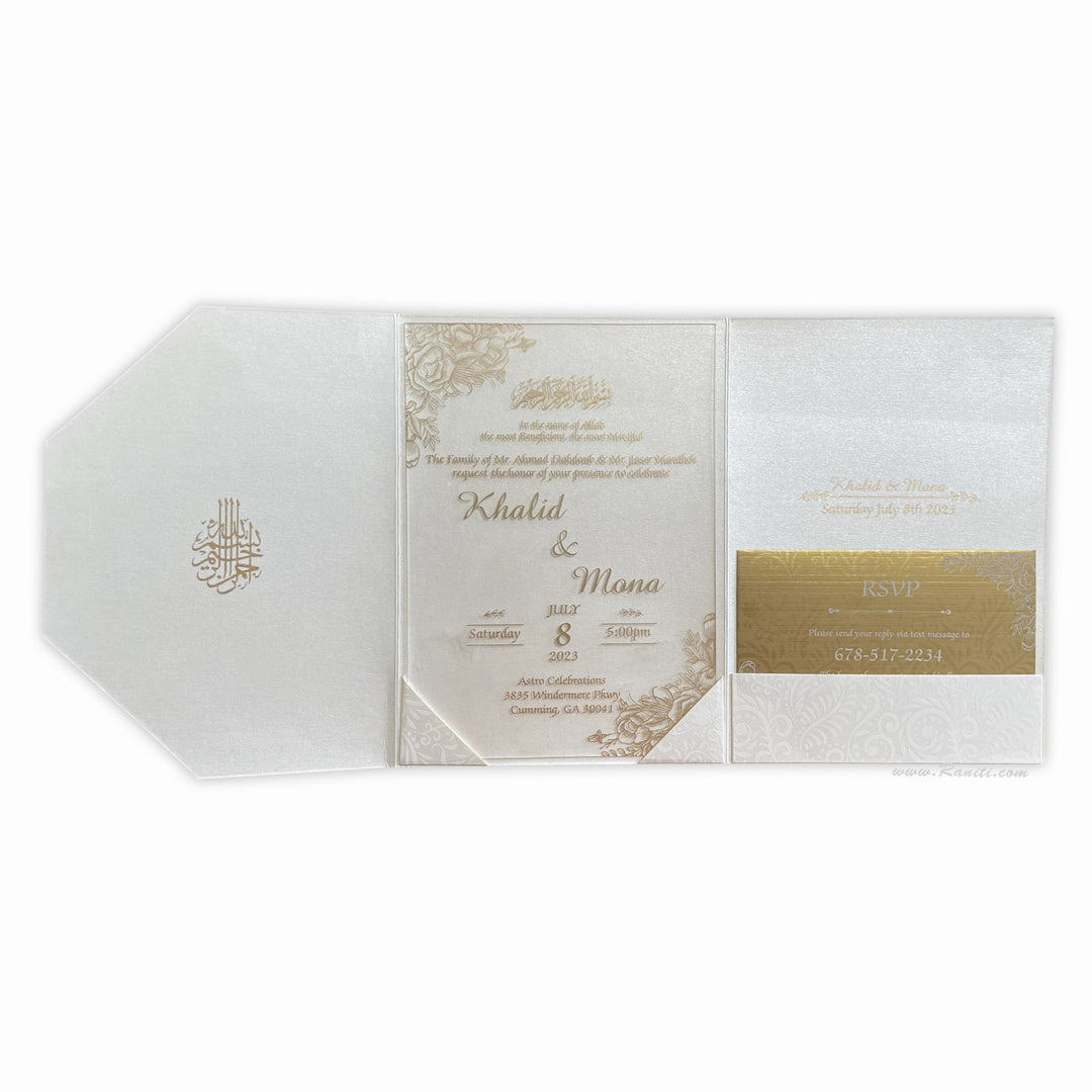 Trifold Pearl White Classic Custom Invitation Card with Clear Acrylic and Paper Inserts, Custom Damask Theme Acrylic Invitation AML-333  Raniti LLC - Custom Invitations & Stationery