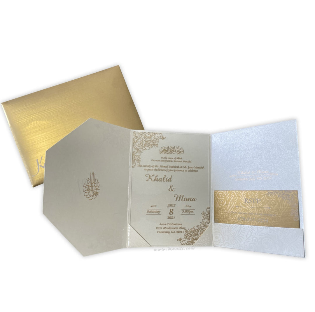 Trifold Pearl White Classic Custom Invitation Card with Clear Acrylic and Paper Inserts, Custom Damask Theme Acrylic Invitation AML-333  Raniti LLC - Custom Invitations & Stationery