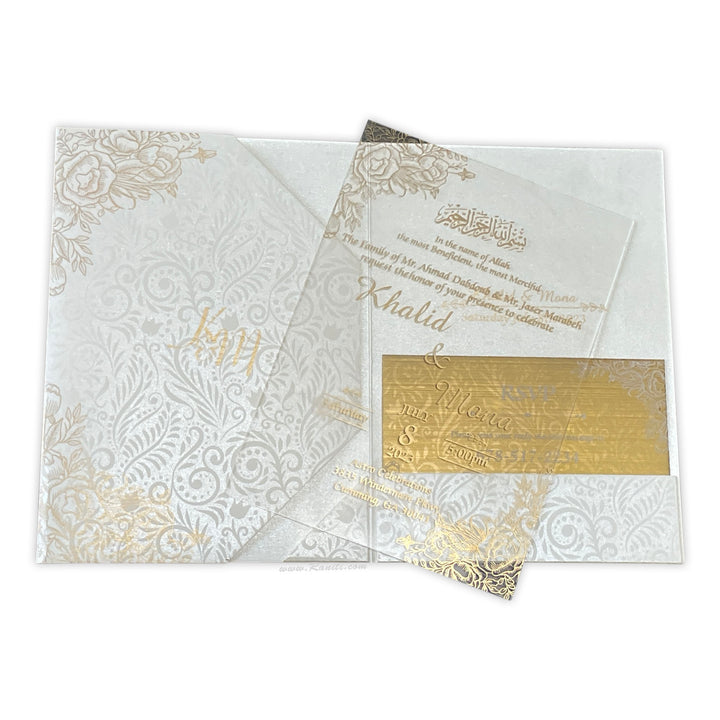 Trifold Pearl White Classic Custom Invitation Card with Clear Acrylic and Paper Inserts, Custom Damask Theme Acrylic Invitation AML-333  Raniti LLC - Custom Invitations & Stationery