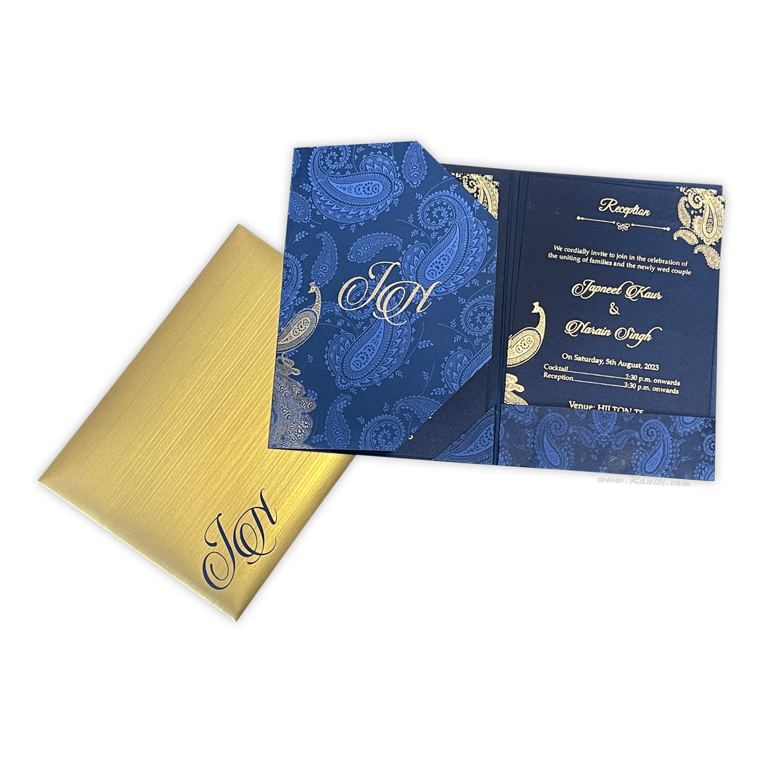 Trifold Blue Classic Custom Invitation Card with Clear Acrylic and Paper Inserts, Custom Peacock Theme Acrylic Invitation AML-355  Raniti LLC - Custom Invitations & Stationery