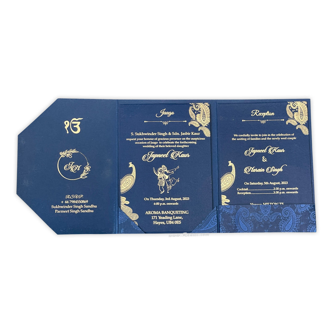 Trifold Blue Classic Custom Invitation Card with Clear Acrylic and Paper Inserts, Custom Peacock Theme Acrylic Invitation AML-355  Raniti LLC - Custom Invitations & Stationery