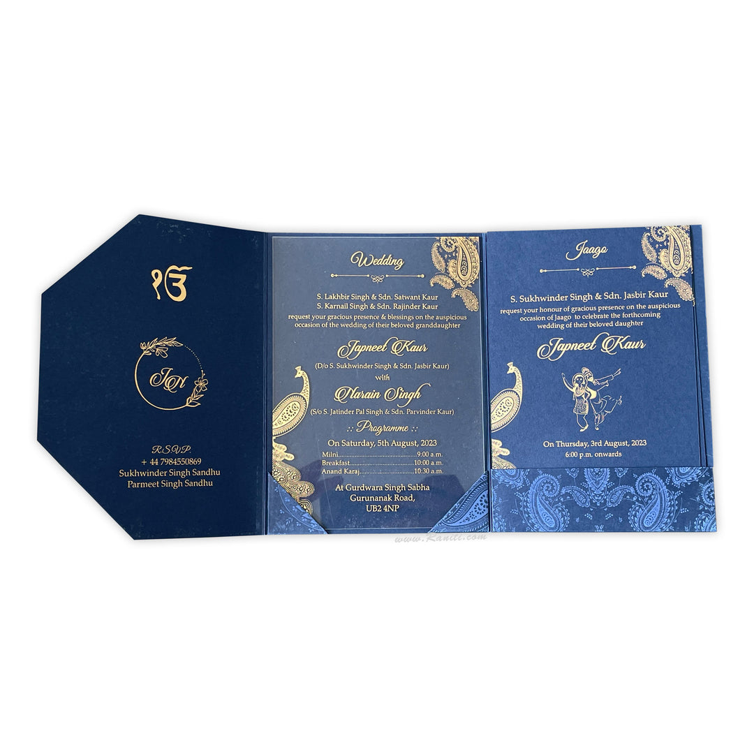 Trifold Blue Classic Custom Invitation Card with Clear Acrylic and Paper Inserts, Custom Peacock Theme Acrylic Invitation AML-355  Raniti LLC - Custom Invitations & Stationery