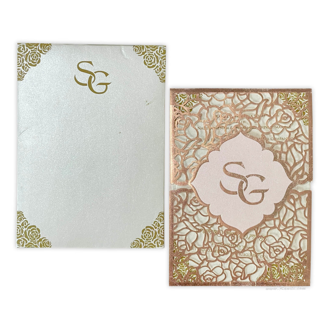 Laser Cut Rose Gold Gate Fold Custom Invitation Card with Inserts | Luxury Wedding Invitation cards online AML-344  Raniti LLC - Custom Invitations & Stationery