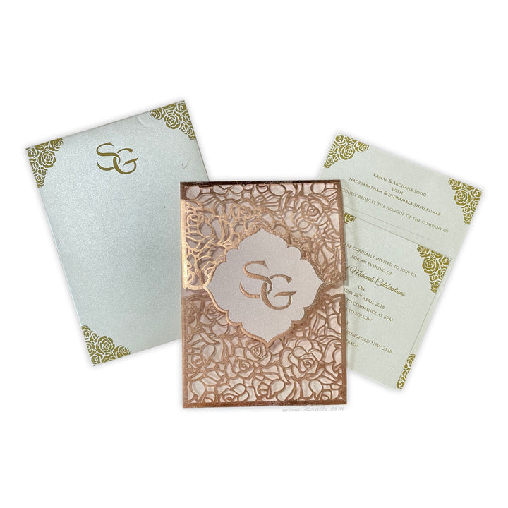 Laser Cut Rose Gold Gate Fold Custom Invitation Card with Inserts | Luxury Wedding Invitation cards online AML-344  Raniti LLC - Custom Invitations & Stationery