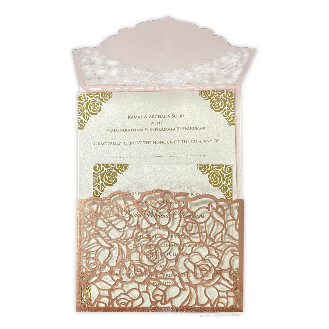 Laser Cut Rose Gold Gate Fold Custom Invitation Card with Inserts | Luxury Wedding Invitation cards online AML-344  Raniti LLC - Custom Invitations & Stationery