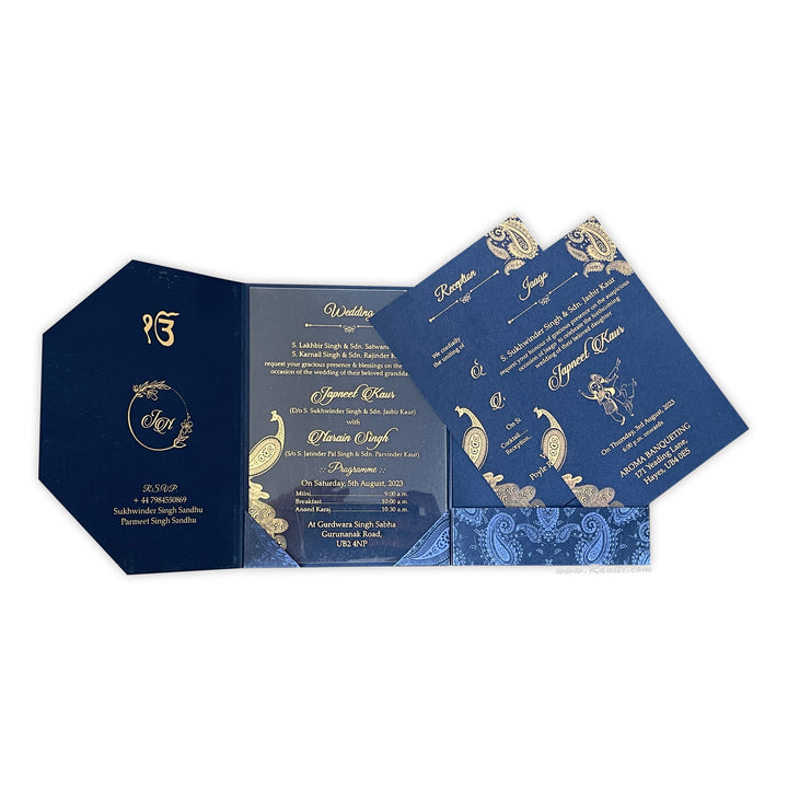 Trifold Blue Classic Custom Invitation Card with Clear Acrylic and Paper Inserts, Custom Peacock Theme Acrylic Invitation AML-355  Raniti LLC - Custom Invitations & Stationery