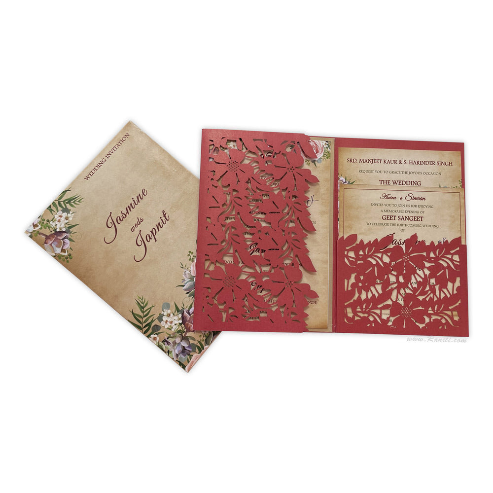 Trifold Laser Cut Red Custom Invitation Card with Floral Digital Multiple Inserts AML-374  Raniti LLC - Custom Invitations & Stationery