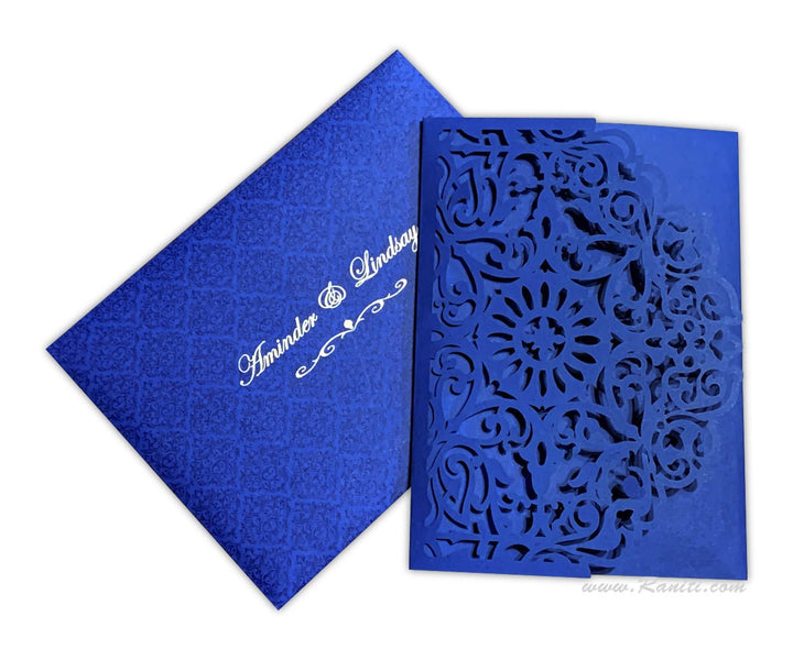 Trifold Laser Cut Blue Custom Wedding Invitation Card with Multiple Inserts | Lasercut Custom Indian Wedding Invitation AML-408  Raniti LLC - Custom Invitations & Stationery