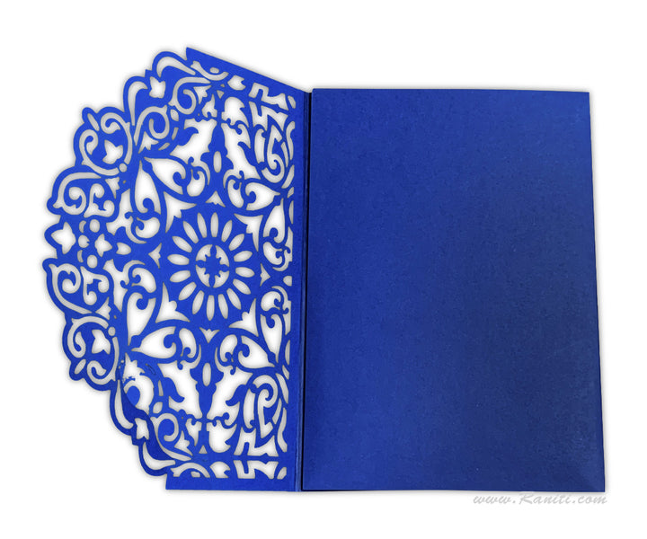 Trifold Laser Cut Blue Custom Wedding Invitation Card with Multiple Inserts | Lasercut Custom Indian Wedding Invitation AML-408  Raniti LLC - Custom Invitations & Stationery