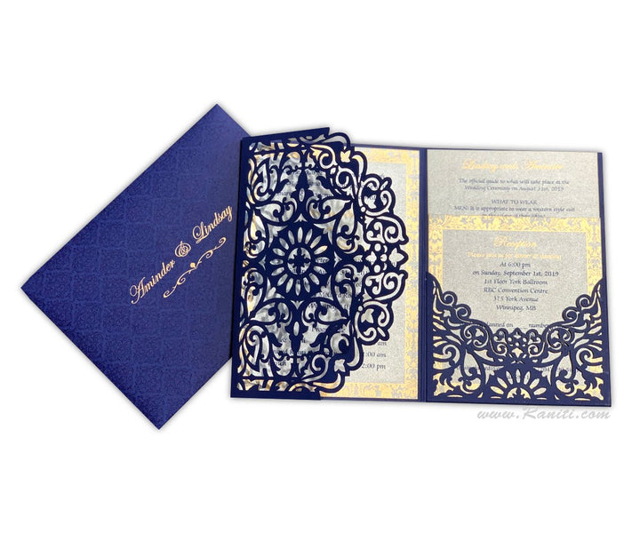 Trifold Laser Cut Blue Custom Wedding Invitation Card with Multiple Inserts | Lasercut Custom Indian Wedding Invitation AML-408  Raniti LLC - Custom Invitations & Stationery