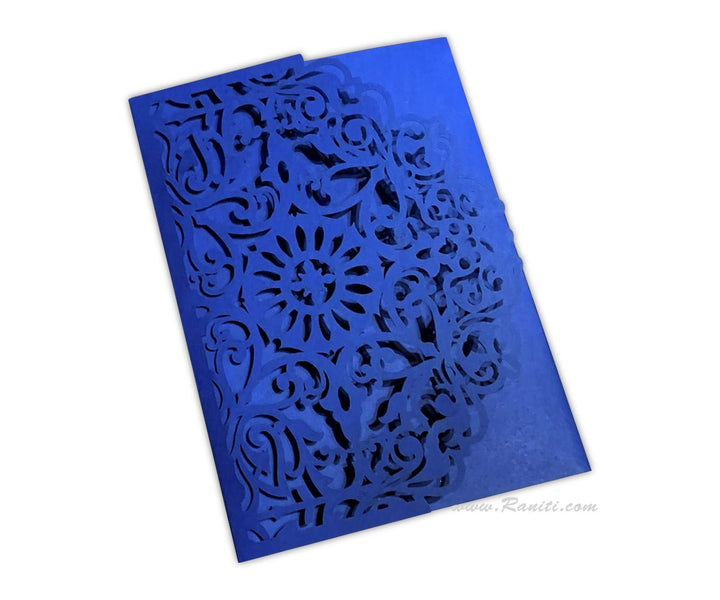 Trifold Laser Cut Blue Custom Wedding Invitation Card with Multiple Inserts | Lasercut Custom Indian Wedding Invitation AML-408  Raniti LLC - Custom Invitations & Stationery