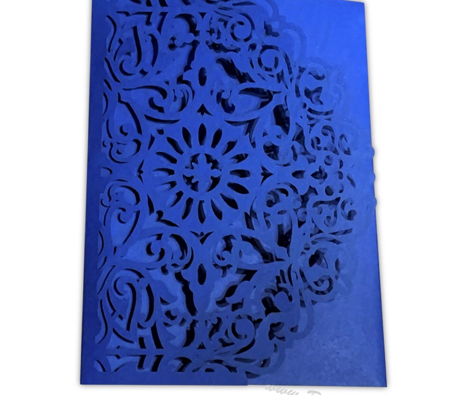 Trifold Laser Cut Blue Custom Wedding Invitation Card with Multiple Inserts | Lasercut Custom Indian Wedding Invitation AML-408  Raniti LLC - Custom Invitations & Stationery